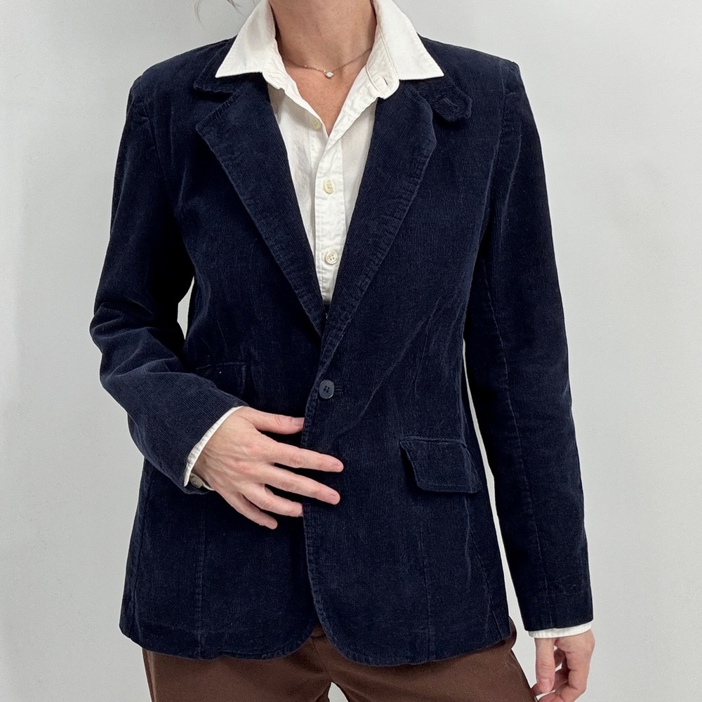Vintage Corduroy Blazer Women Navy Blue Jacket Preppy Academia Classic Japan - Picture 2 of 15